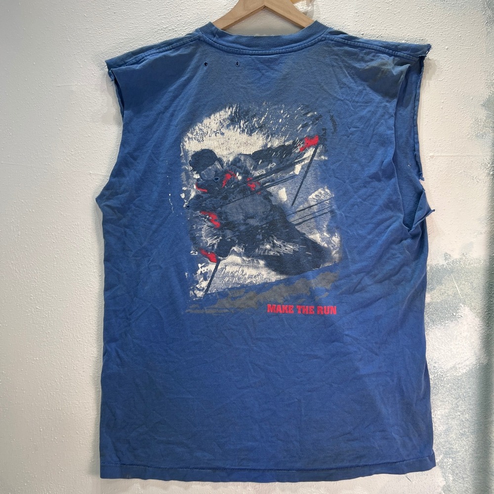 VTG Marlboro Make The Run‎ Ski Pocket T-Shirt Chopped Men's XL Thrashed Blue USA